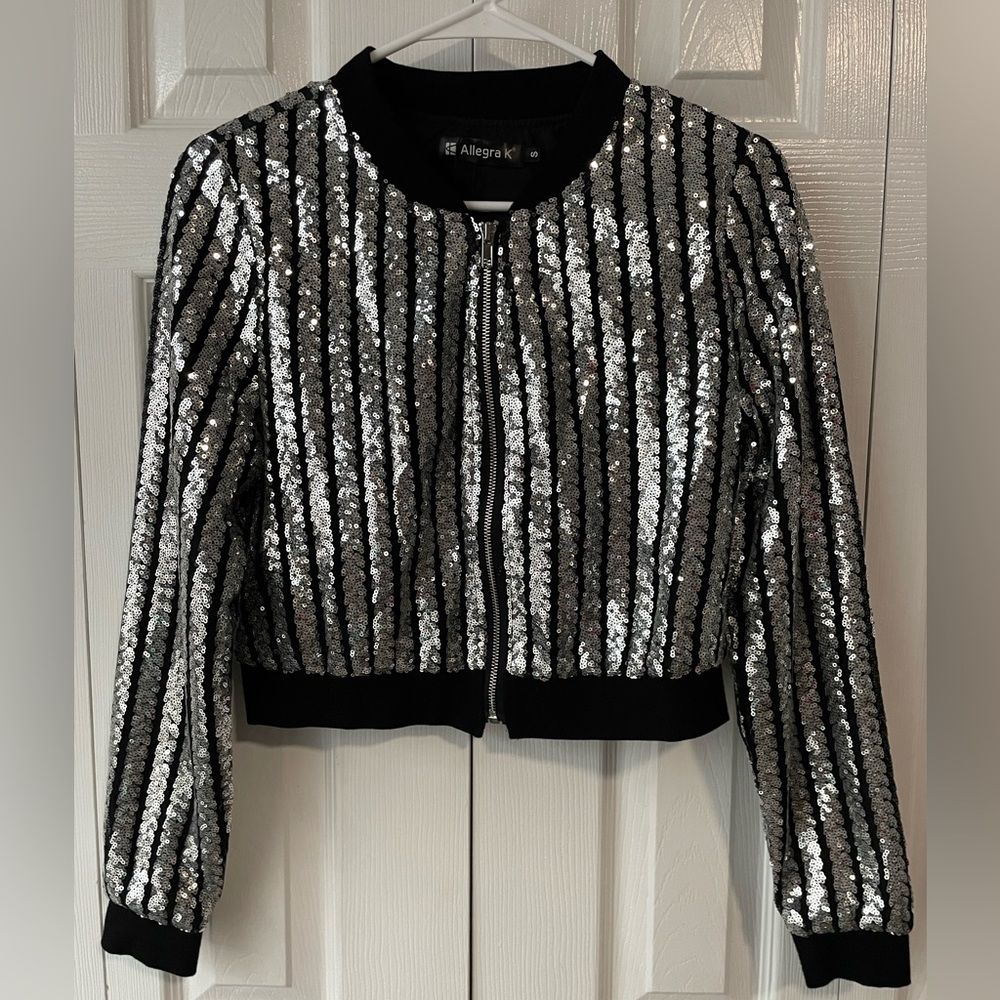 Allegra K Women's Sequin Long Sleeve Shiny Party Zip-Up Bomber Cropped Jacket